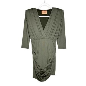 The Andamane Deep V-Neck Fitted Wrap Mini Dress Stretch Ruched Green Small